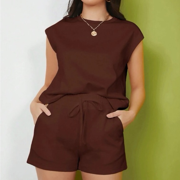Pants - Brown coord matching 2 piece set - top & drawstring shorts
